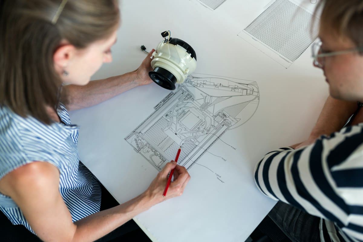 Two engineers discussing a component over a technical drawing