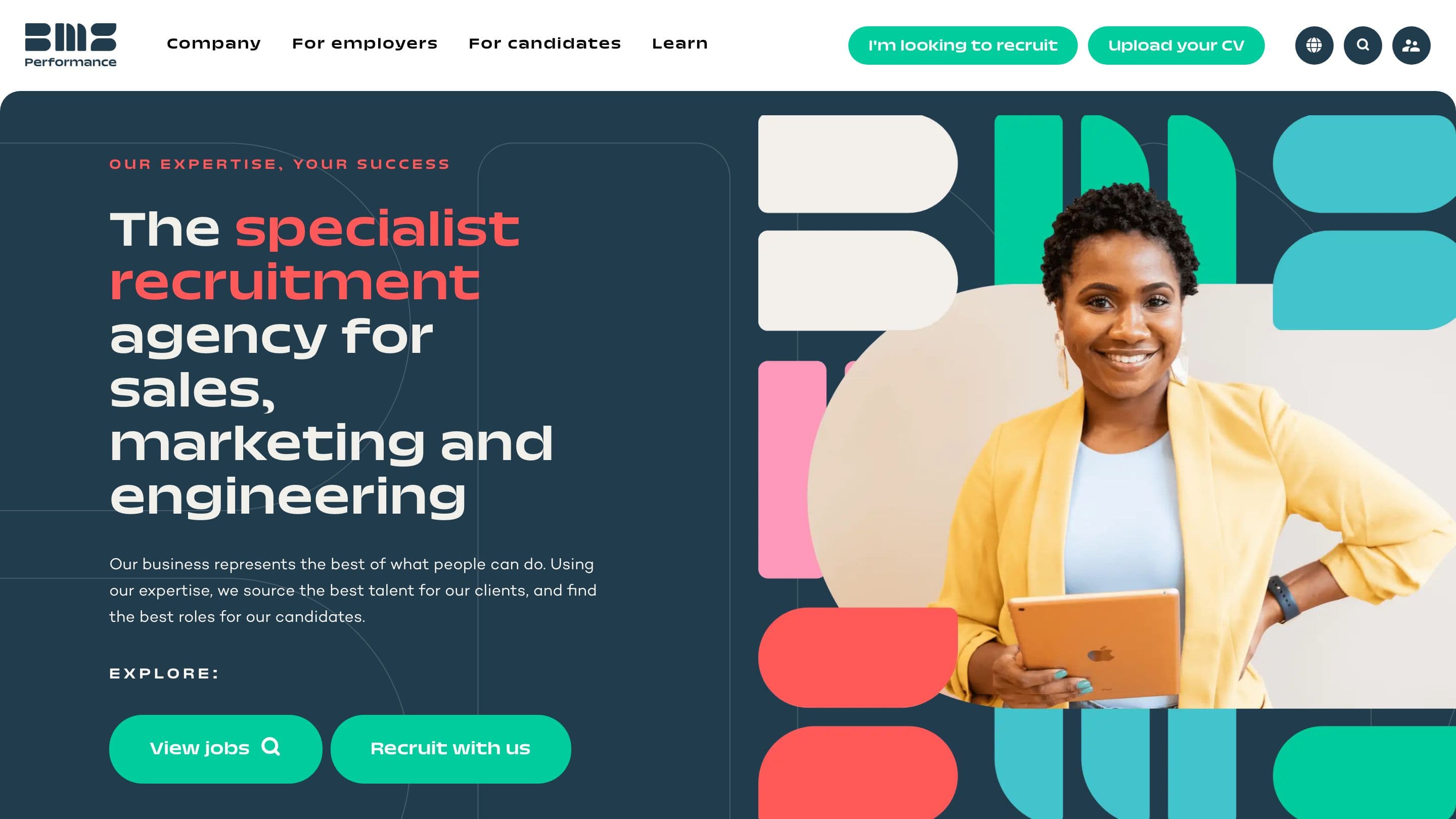 Startseite von bmsperformance.com mit der Überschrift The specialist recruitment agency for sales, marketing and engineering