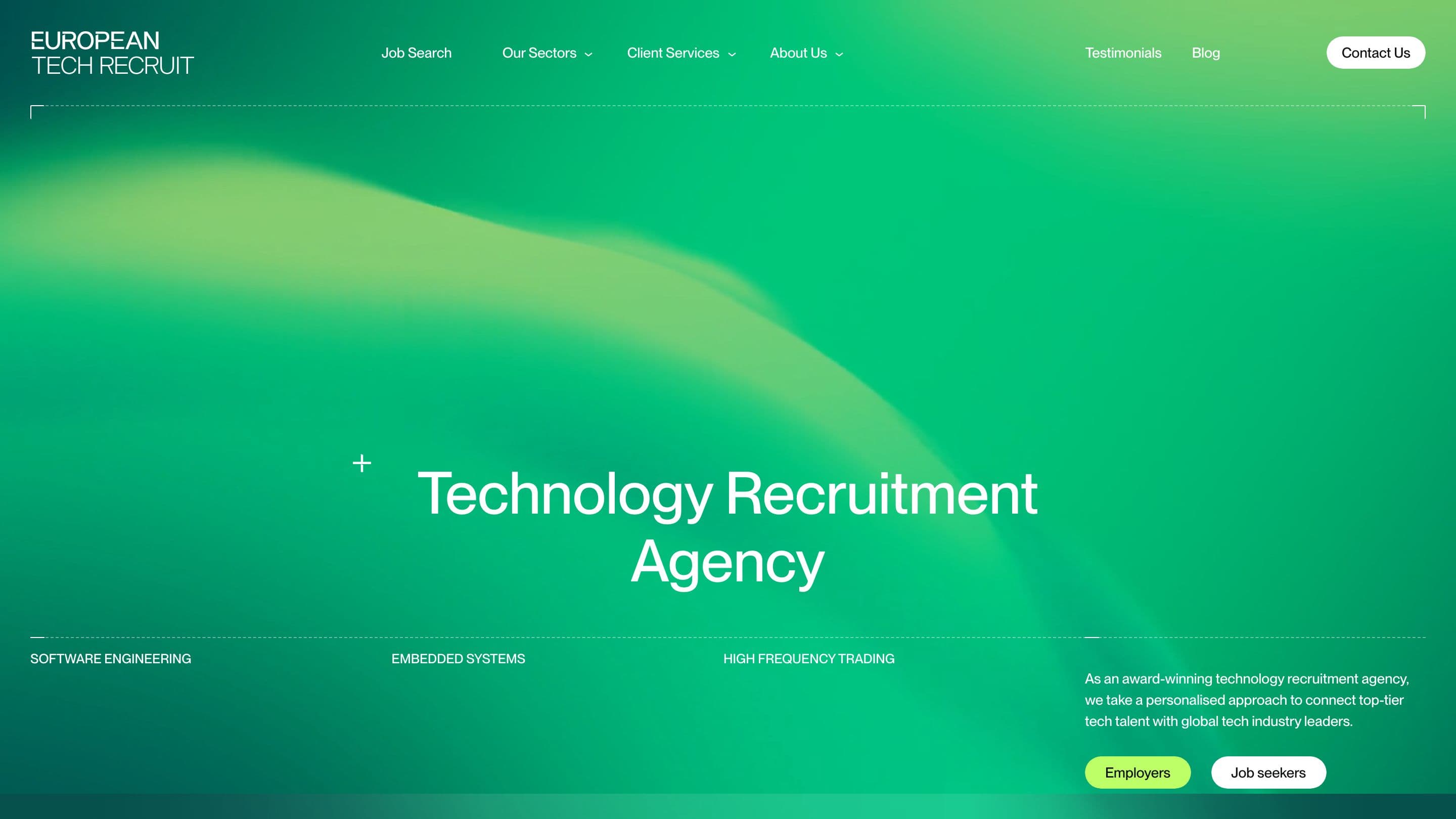 Startseite von eu-recruit.com mit der Überschrift Technology Recruitment Agency