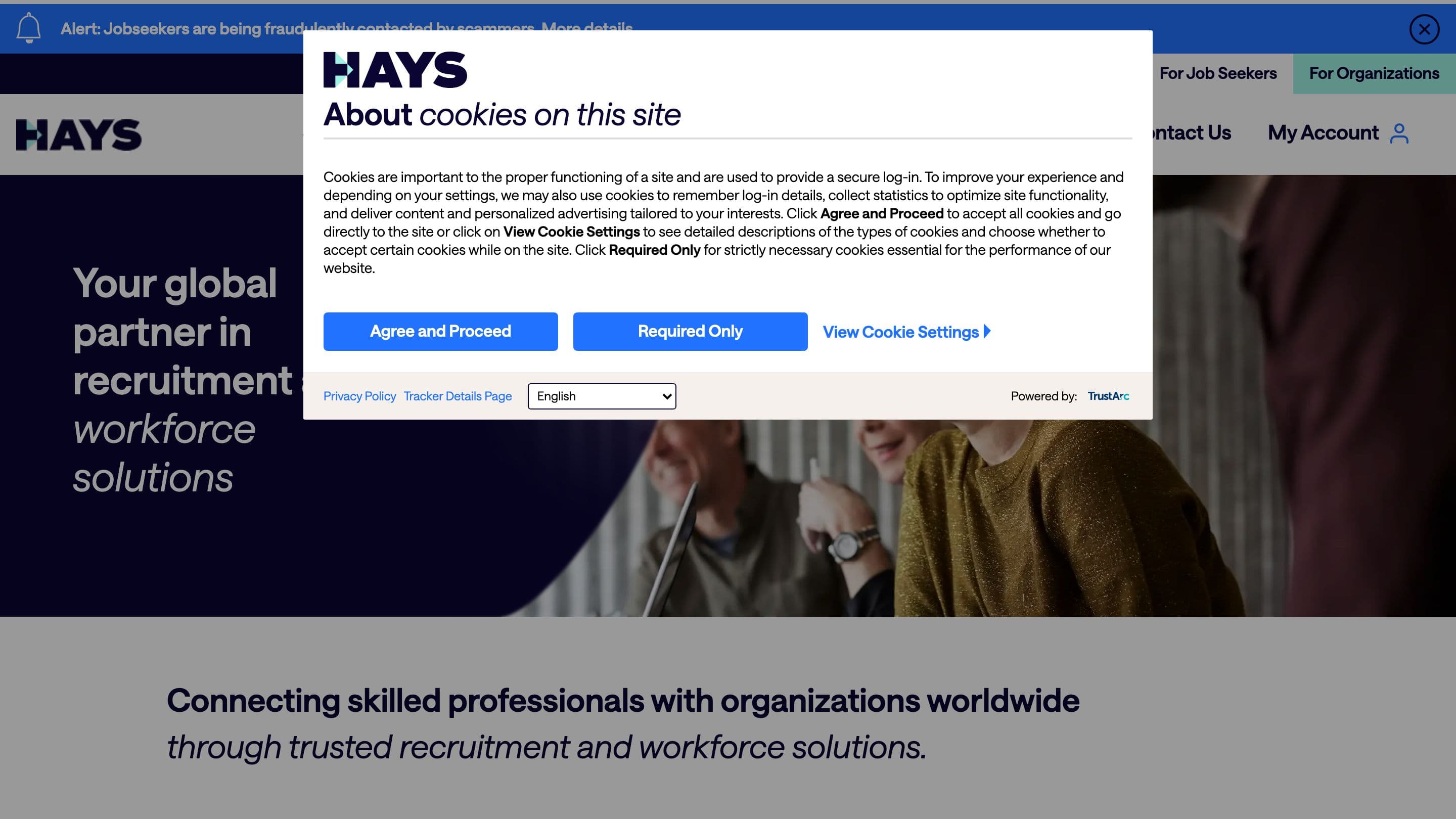 Startseite von hays.com mit der Übersichtsseite des internationalen Personaldienstleisters