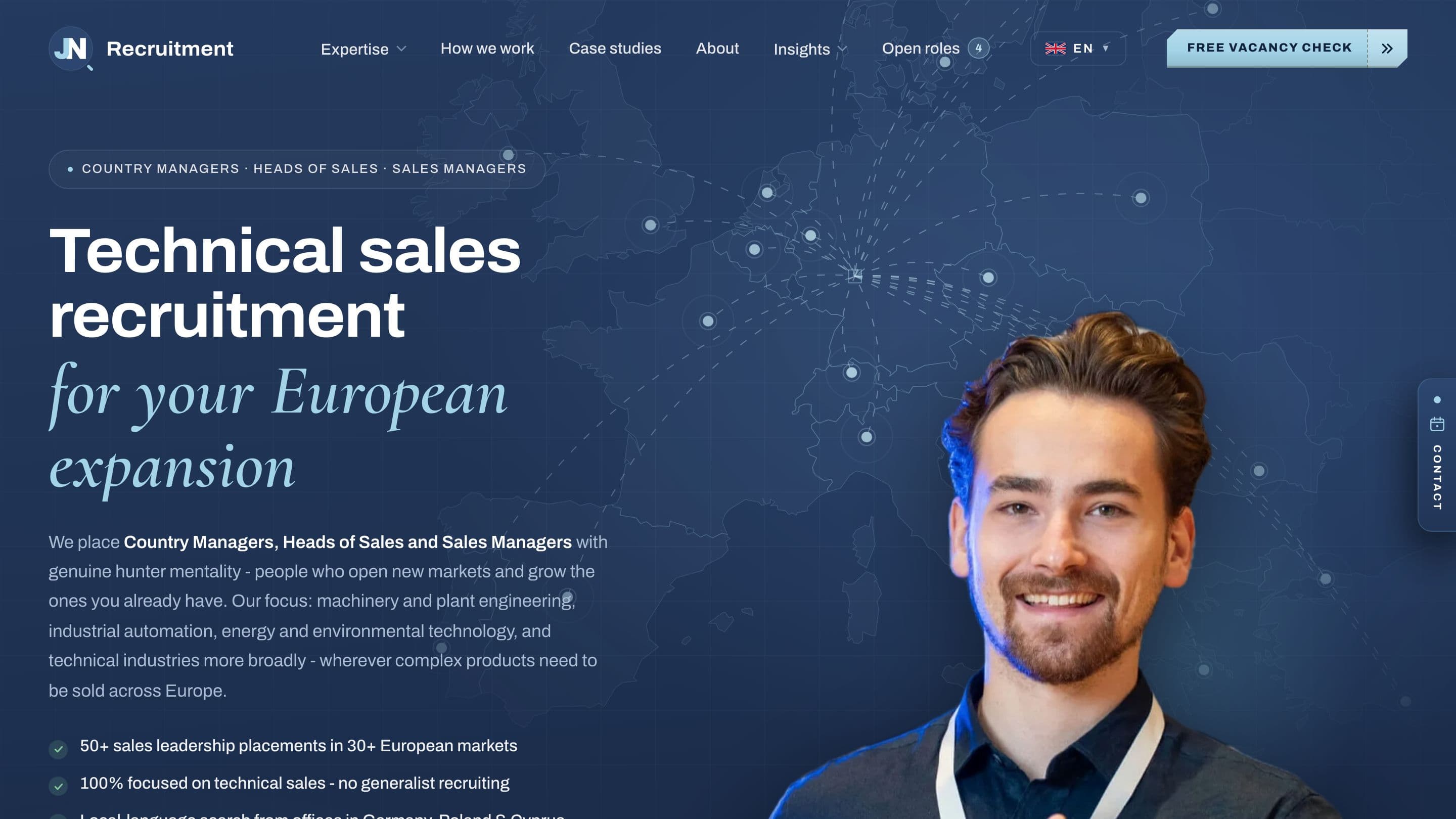 Startseite von jn-recruitment.com mit der Überschrift Technical sales recruitment for your European expansion