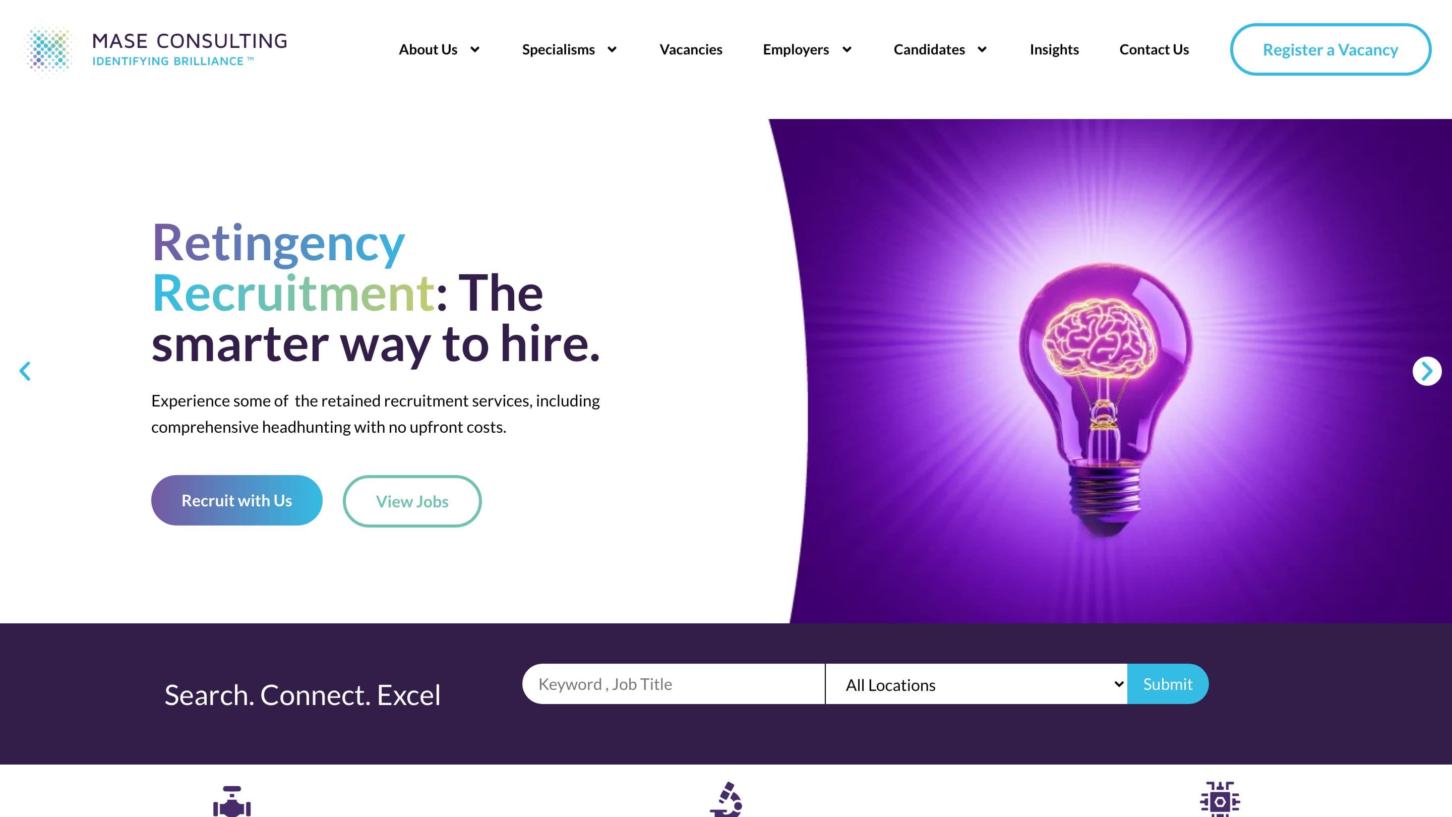 Startseite von mase-consulting.com mit der Überschrift Retingency Recruitment: The smarter way to hire
