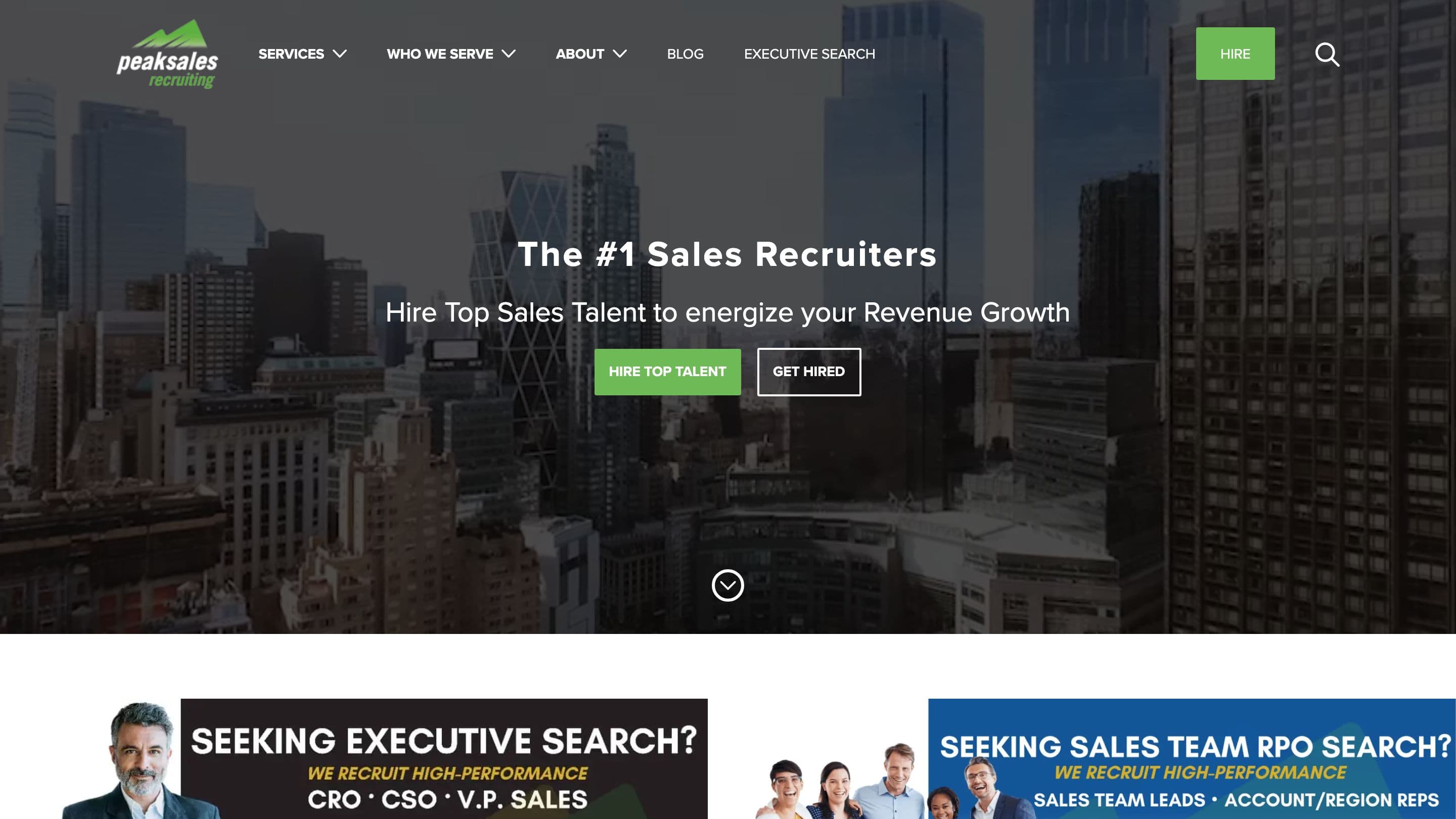Homepage of peaksalesrecruiting.com with the headline The number one Sales Recruiters