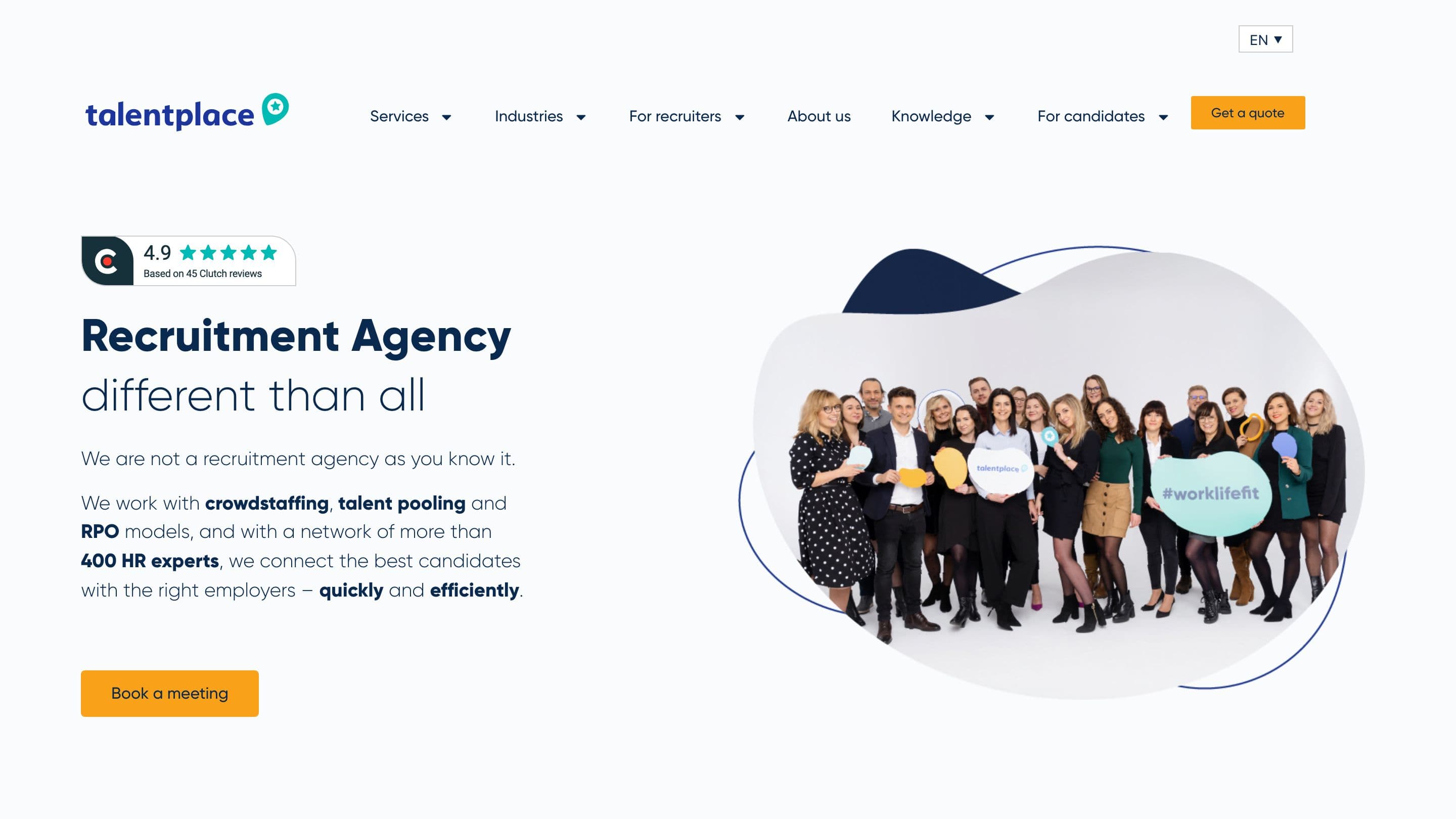 Startseite von talentplace.com mit der Überschrift Recruitment Agency different than all